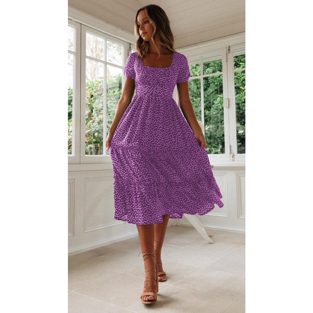 Women's Fashion Summer Spring Floral Print Short Sleeve Square Collar High Waist Casual Dresses