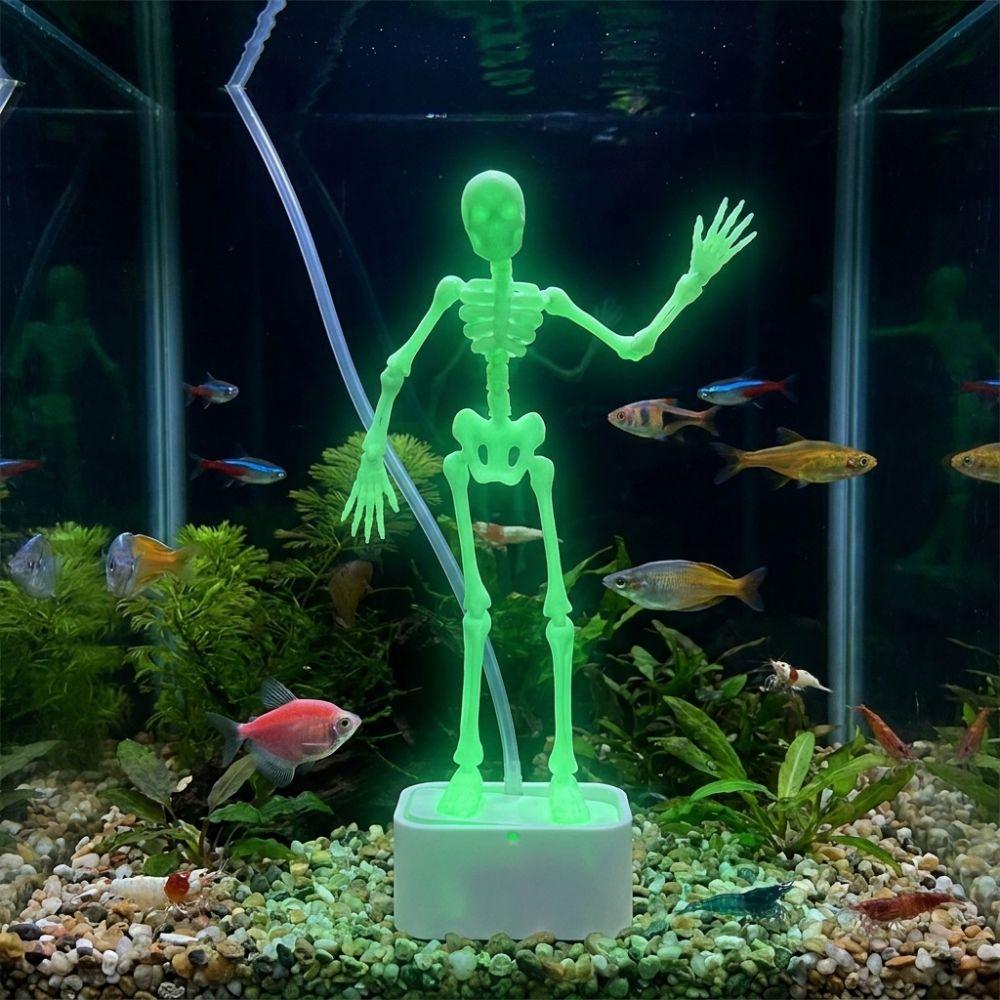 Glow in Dark Dancing Skeleton Aquarium Bubbler Luminous Air Pump Fish Tank Dance Skull Ornament Stable Base Multi-Joint Movable