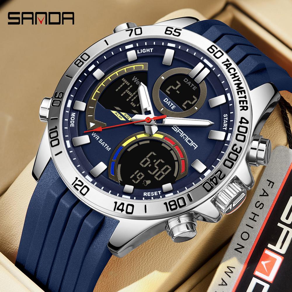 SANDA Luxury Men Electronic Quartz Watch Chronograph Double Display Waterproof Man Digital Wristwatch Military Sport Male Clock