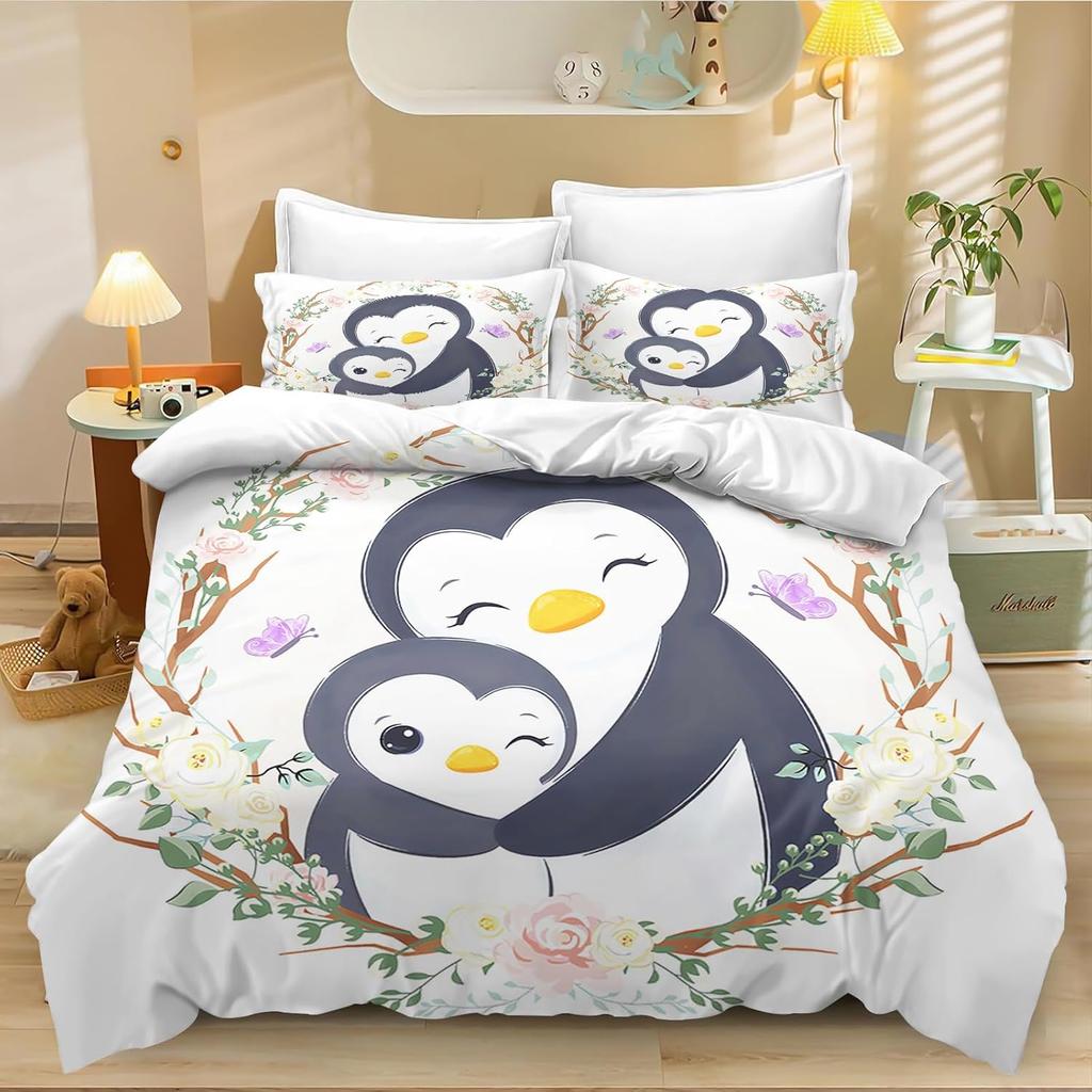 Penguin Cartoon Duvet Cover Set, Children'S Microfibre Quilt Cover,Cartoon Penguin Bedding Set, With Zip And Pillowcases 75*50Cm
