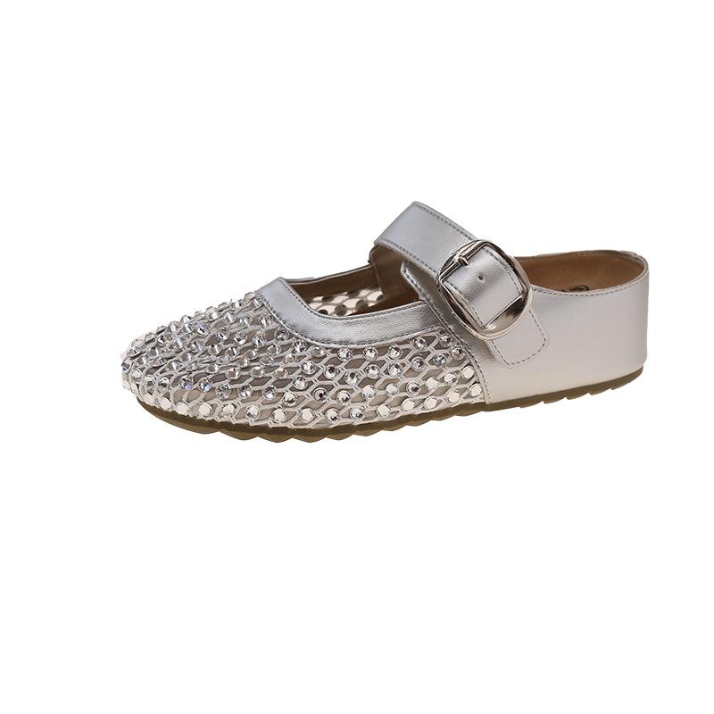 Inner Heightened Thick-soled Bag Head Half Slippers, Women's 2025 Summer Models, Outer Wear Casual One-pedal Rhinestone Fishing Net Cool Slippers