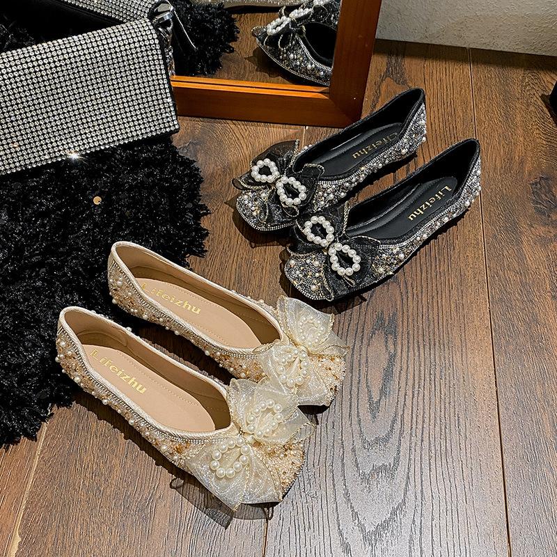 Neue Mode Damenschuhe Flach Frühling Sommer Kristall Schleife Runde Spitze Bootsschuhe Mädchen Große Größe Slipper Loafer