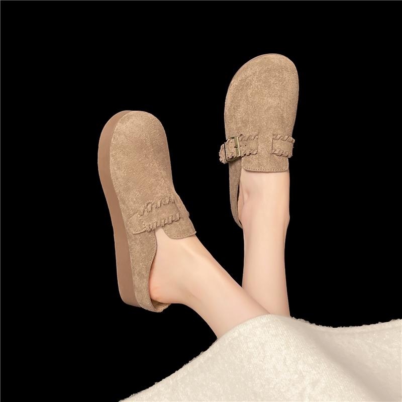 Fashion New Round-toe Deep-mouth Metal Buckle Cow Suede Platform Anti-slip Wear-resistant Flat-sole Wrapped-head Slippers for Autumn