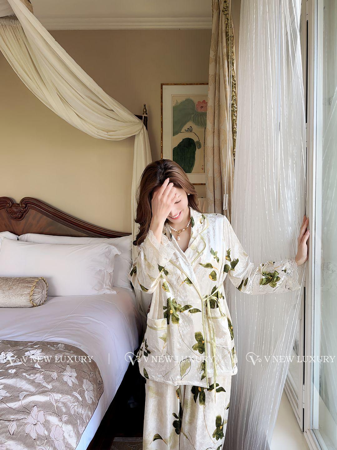 Шелковый Роскошный Цветочный Высококачественный Золотой Бархатный Пижамный Комплект Large