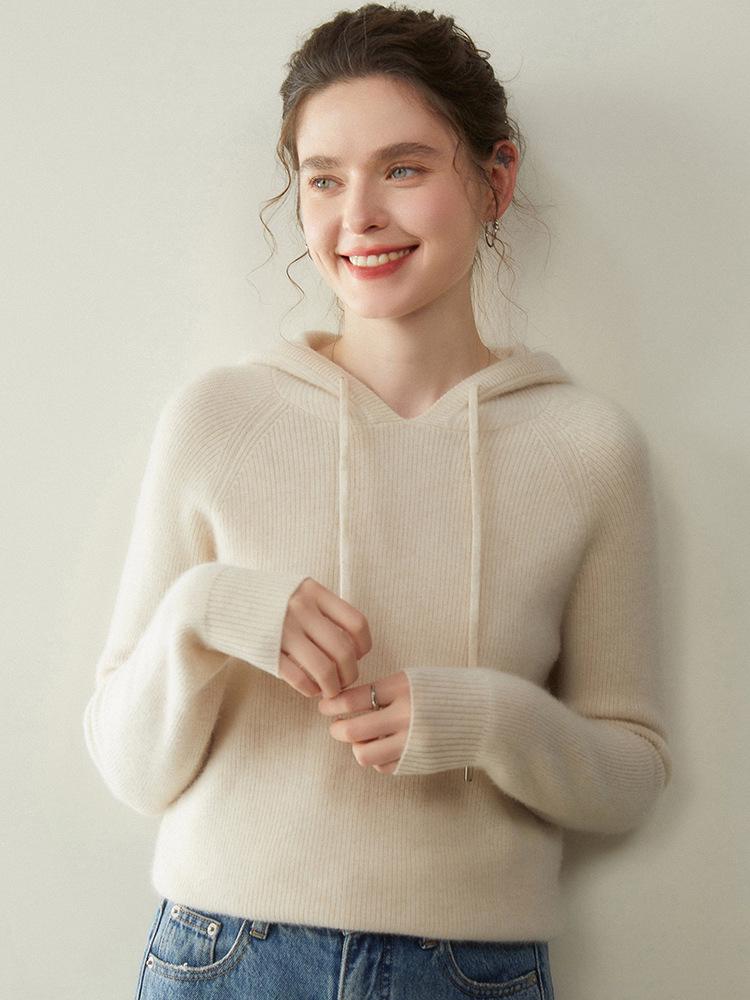 Women's Cashmere Hooded Ribbed Pullover - Autumn/Winter Fashion Knitwear