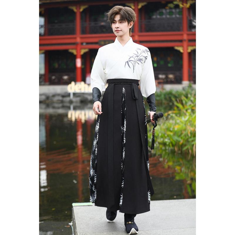 Men's Chinese Style Hanfu Set, Bamboo Embroidery Cross-Collar Wuxia Martial Arts Costume