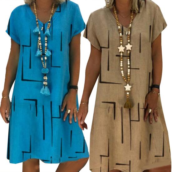 Robe Vintage pour Femme, Couleur Unie, Col en V, Manches Courtes, Imprimée, Coupe Ample, Longueur Genou