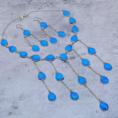 Natural Aqua Chalcedony Gemstone Handmade 925 Sterling Silver Gift Set E8q76