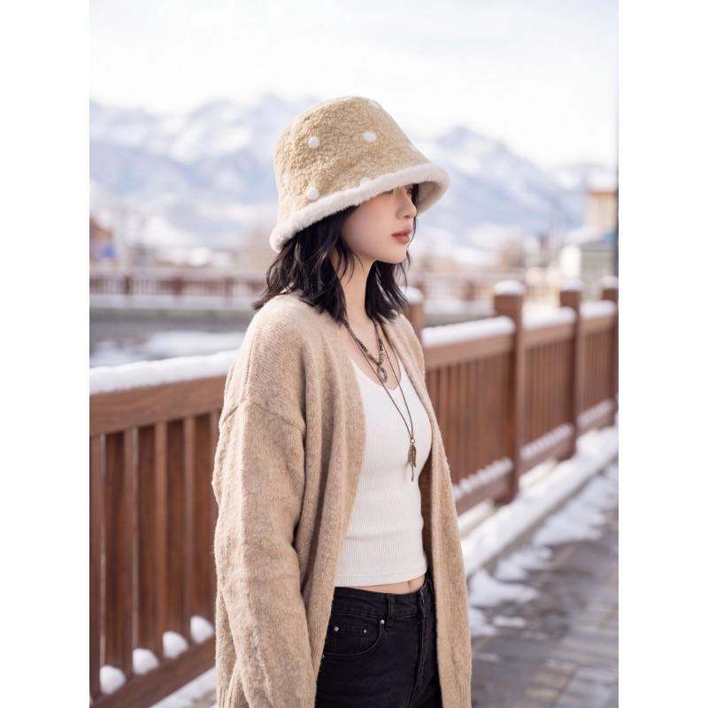 Women S Warm Fleece Knit Bucket Hat Polka Dot Korean Style Fashionable Hat