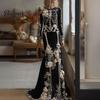Skeleton Print Maxi Dress Women Dress, Gothic Long Sleeve with Evening 3D Flower Decor, Velvet Floral for Halloween Costume Party Design