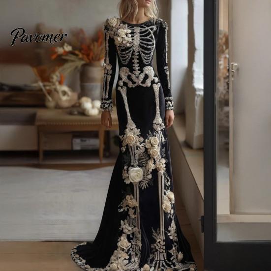 Skeleton Print Maxi Dress Women Dress, Gothic Long Sleeve with Evening 3D Flower Decor, Velvet Floral for Halloween Costume Party Design