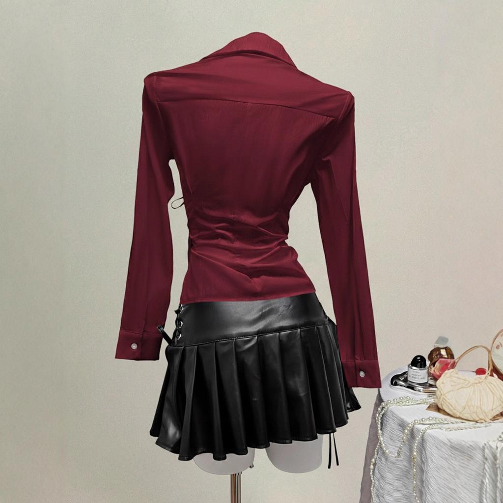 Women's Casual Top, Versatile, Elegant, Waist Cinching Design, Solid Color Women's Shirt