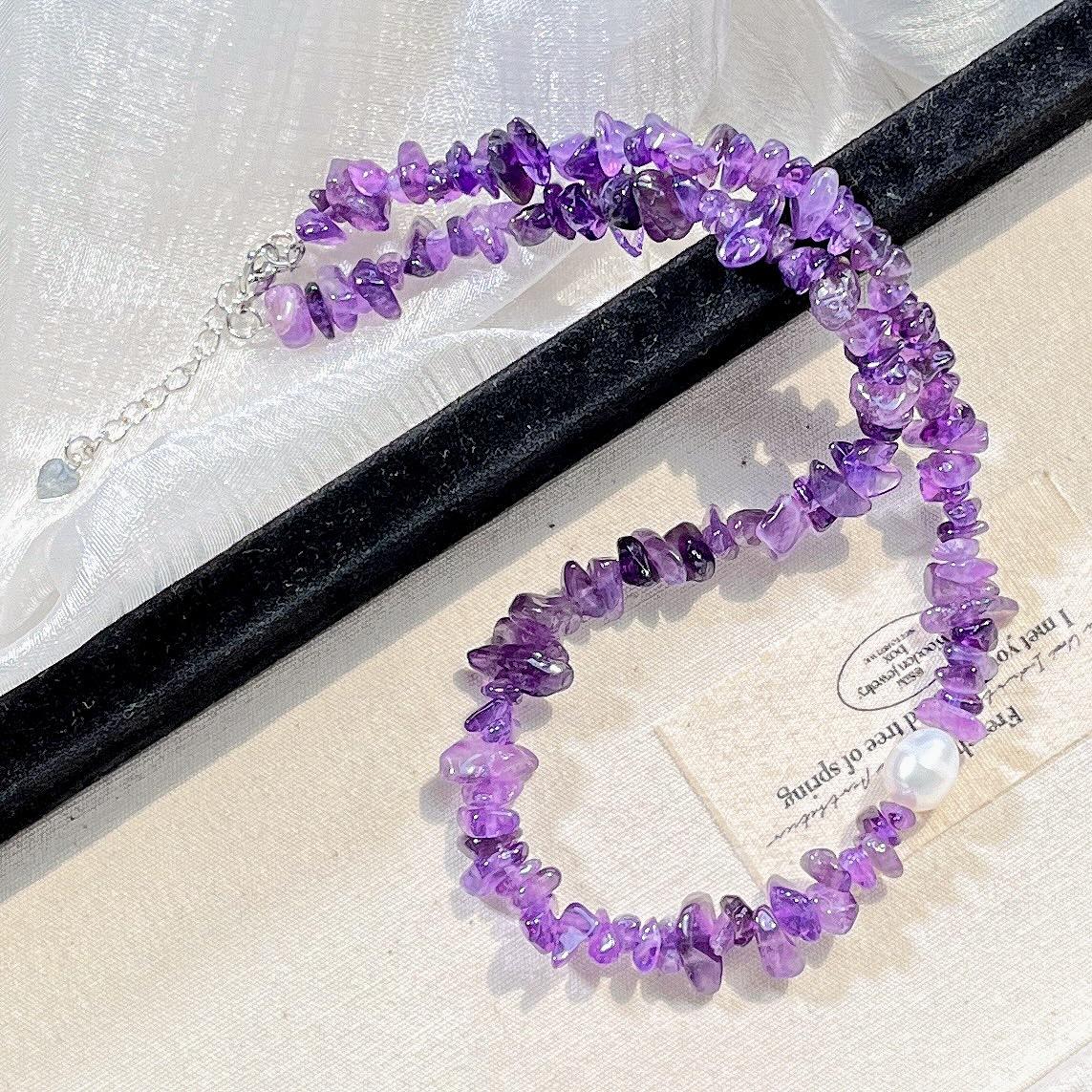 Vintage High Quality Natural Amethyst Freshwater Pearl Design Sense Necklace Clavicle Chain