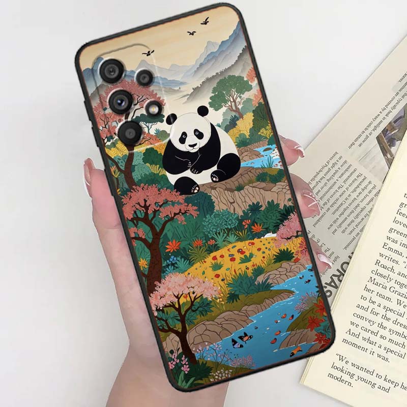 Cartoon Anime Panda Cute For Samsung A41 A35 A34 A33 A32 A25 A24 A23 A21s A06 A05 A04 A03 Note 10 20 Ultra 5G Black Phone Case