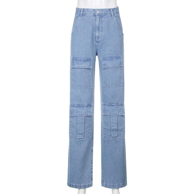 

Casual Streetwear Denim Jeans Women Patchwork Wide Leg Mom Jeans Big Pocket Cargo Pants Vintage Pants Plus Size S синий