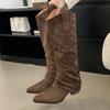 Eilyken Autumn Winter Punk Style Vintage Woman Knee-High Boots Design Pleated Pointed Toe Long Booties Square Low Heels Shoes