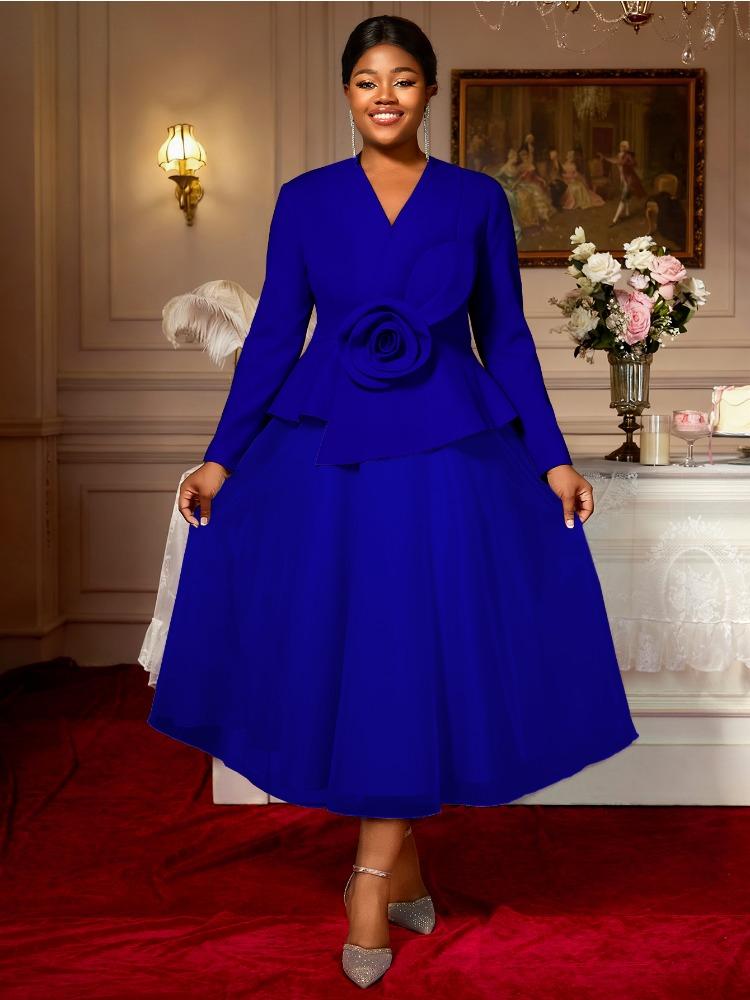 Elegant Women A Line Dress V Neck Long Sleeve 3D Flower Peplum Patchwork Mesh Wedding Guest Church Party Outfit Autumn New