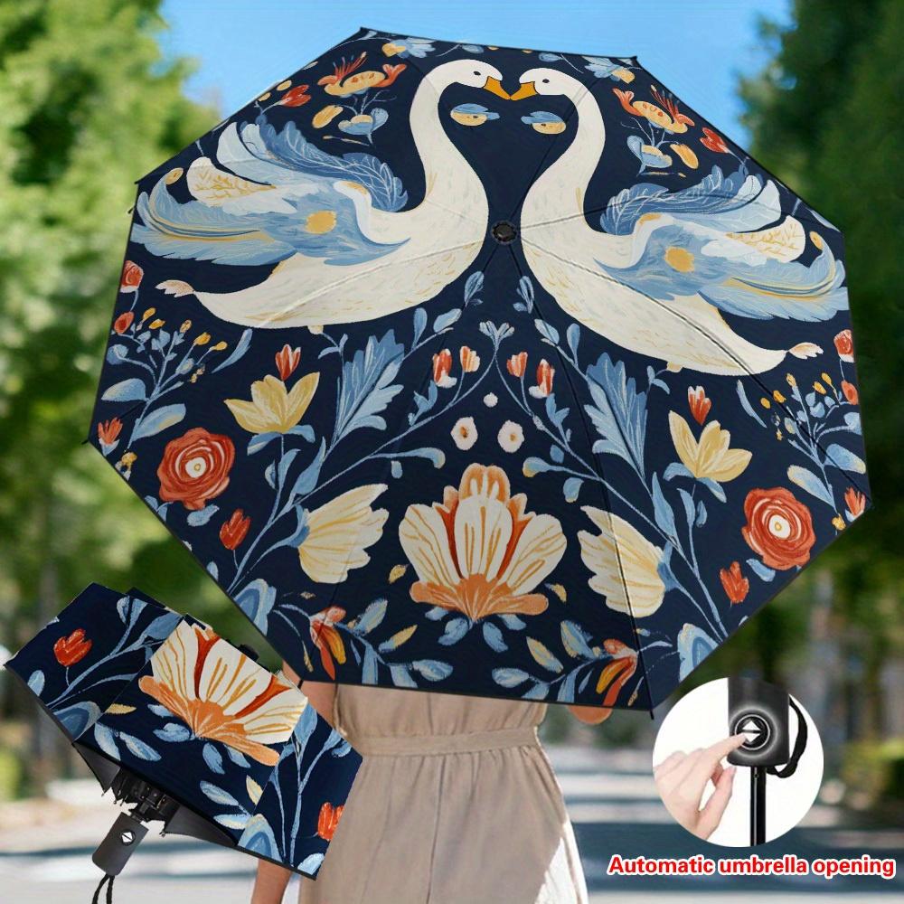 

1pc Elegant Swan Floral Automatic Umbrella - Automatic Open/Close,, 8-Rib Sturdy Frame, Compact Folding Umbrella with Swan-Sha (as the picture,Iron&8K)