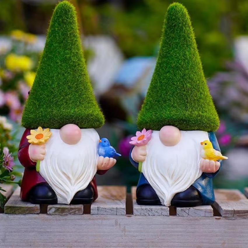 1 stk Dverg Resin Ornamenter Ansiktsløs Søt Dvergstatue Hjem Hage Gård Elf Skulptur Ny Grønn Hatt Blomst Fugl Gammel Mann