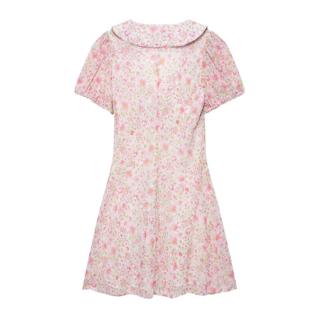 2025 Spring Women's Fashion: European & American Style Printed Short Dress with Round Turn-Down Collar