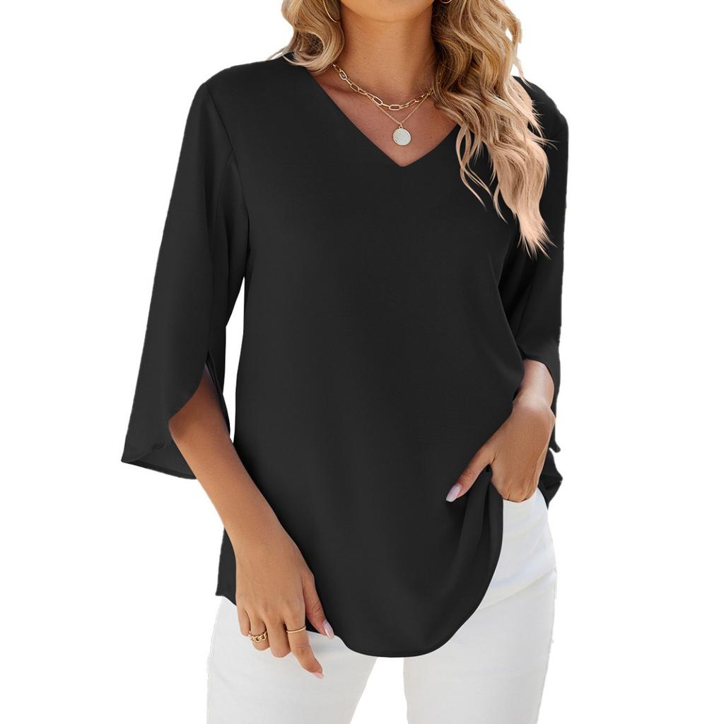 Spring Summer New Women's Solid Color V-Neck Mid Sleeve Loose Chiffon Blouse Top