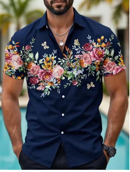 2025 New Men s Shirt Hawaiian Shirt, Floral Print Short Sleeve Beach Casual Style XXS