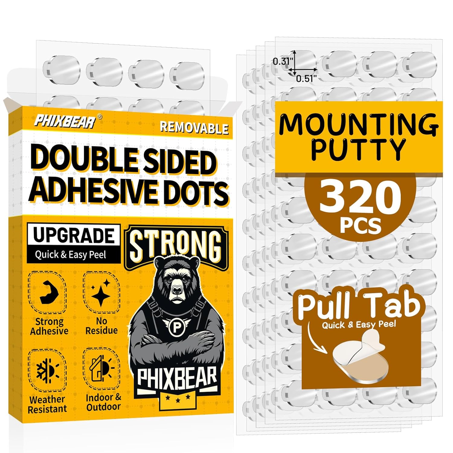 Upgraded Removable Mounting Putty with Pull Tab, Double Sided Adhesive Dots, No Trace Tape Sticky Tack Dots for Picture Crafts, 320 Pcs 0.31  x 0.51