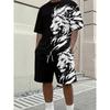 Men'S Casual Short-Sleeve Outfit for Spring And Summer, Featuring a Trendy Black And White Lion Head Art Print