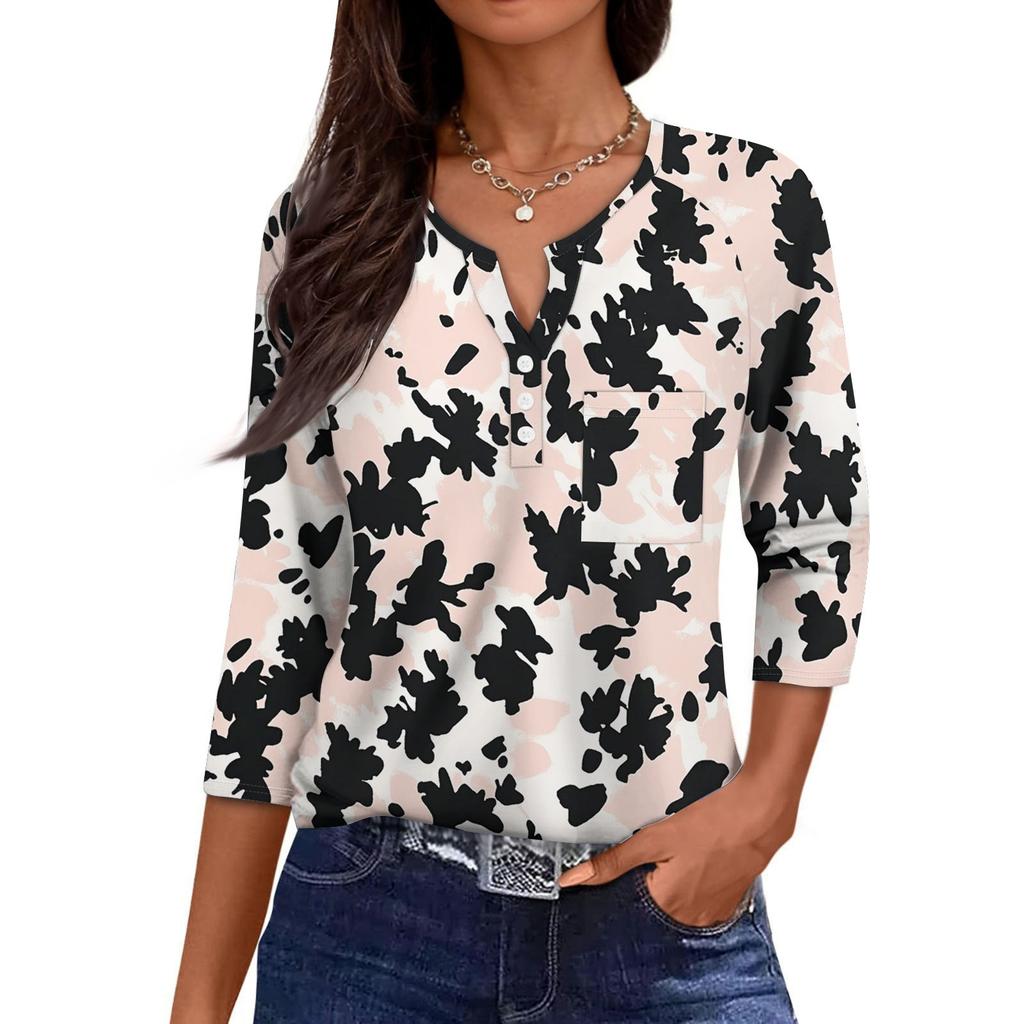 Damska Codzienna Modna Dekolt V Luźna Wszechstronna Kwiatowy Wzór Rękawy Trzyczwarte