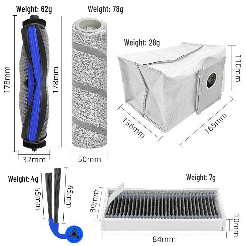ECOVACS X11/X11 Pro Zubehör: Haupt- und Seitenbürsten, Filtersieb, Walzenbürste, Tuch, Filterwatte, Staubbeutel.