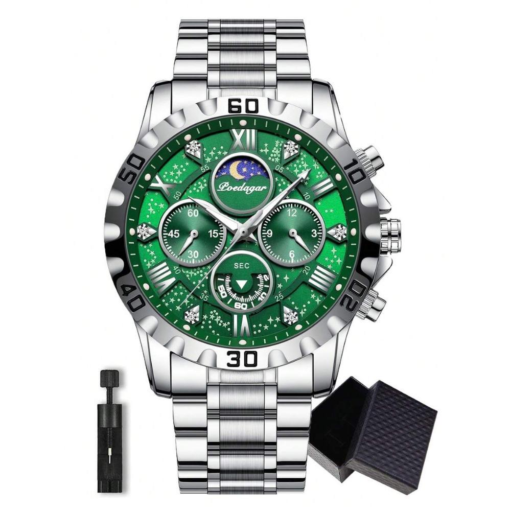 POEDAGAR 1 pz Orologio Sportivo da Uomo, Cronografo Impermeabile, Orologio al Quarzo di Lusso in Acciaio Inossidabile Luminoso con Scatola Regalo