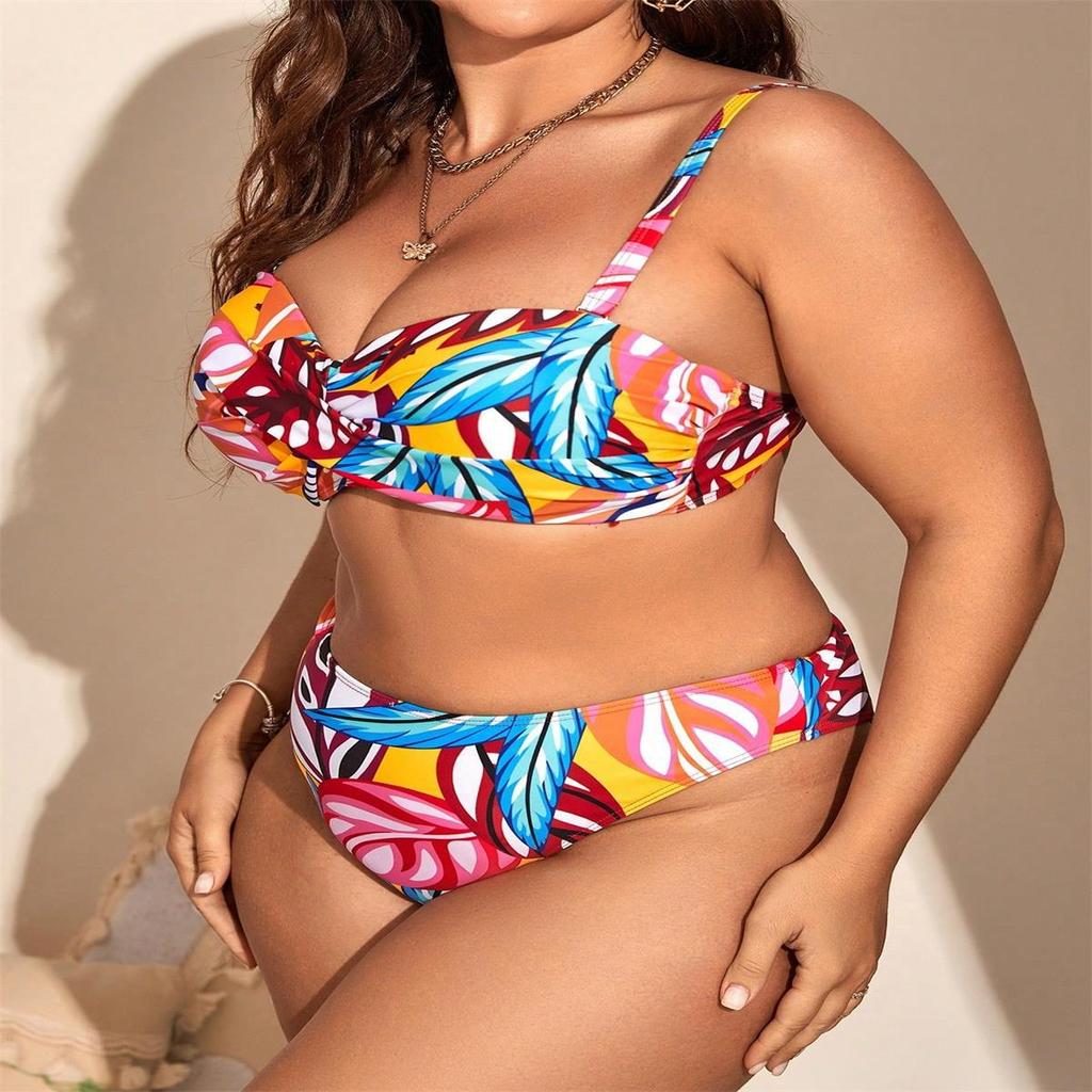 European & American Sexy Three-Piece Bikini Set - Printed Plus Size Swimwear