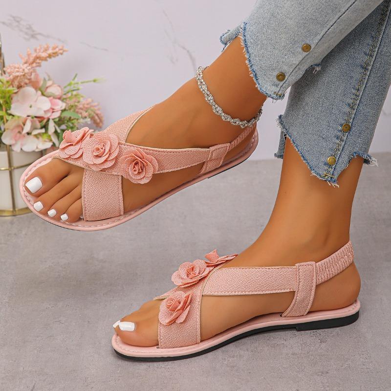 Women's Wide Width Cross Strap Flat Sandals - Embroidered Floral Slide Sandals with Wide Band, Open Toe Beach Flip Flops