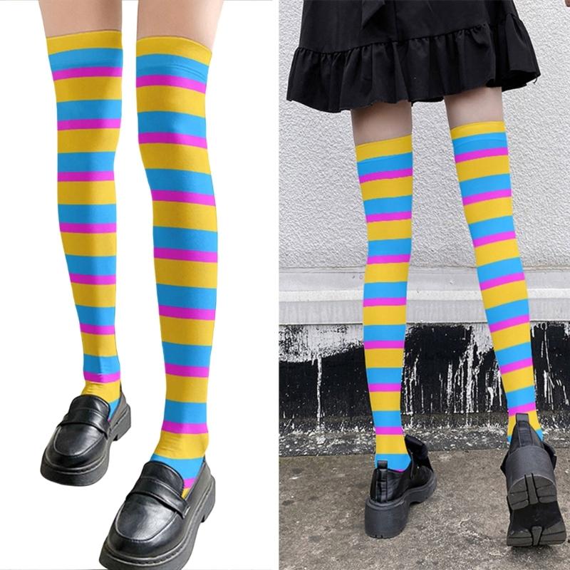 Rainbow Multicolor Striped Print Over the Knee Stockings for Women Carnivals Parties Anime Thigh High Long Socks Hosiery