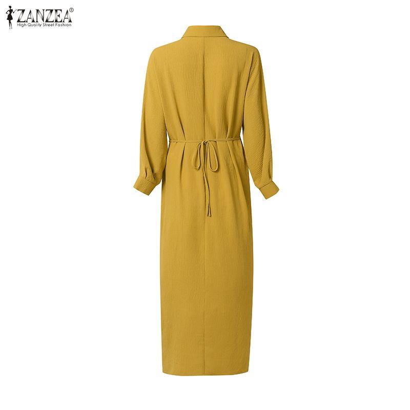 ZANZEA Women Turn Down Collar Long Sleeve Bandage Waist Casual Elegant Shirts Dress