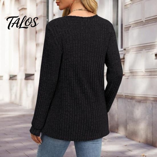 Damen Langarm Tops Geripptes Top, Lockere Freizeitbluse mit Knopf, Einfarbiger Pullover Rundhals-T-Shirt für Frühling Herbst Knopf