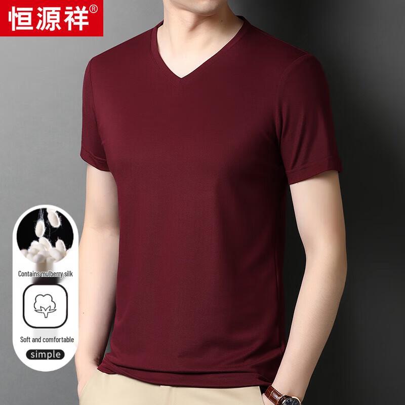 Hengyuanxiang Men s V-Neck Silk Blend Casual T-Shirt 180/96A