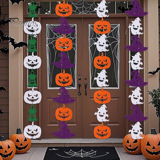 Soft Felt Garland Halloween Party Hanging Garland, Creepy Pumpkin Ghost Skull Witch Hat Streamer, Horror Banner Backdrop Decor for Trick or