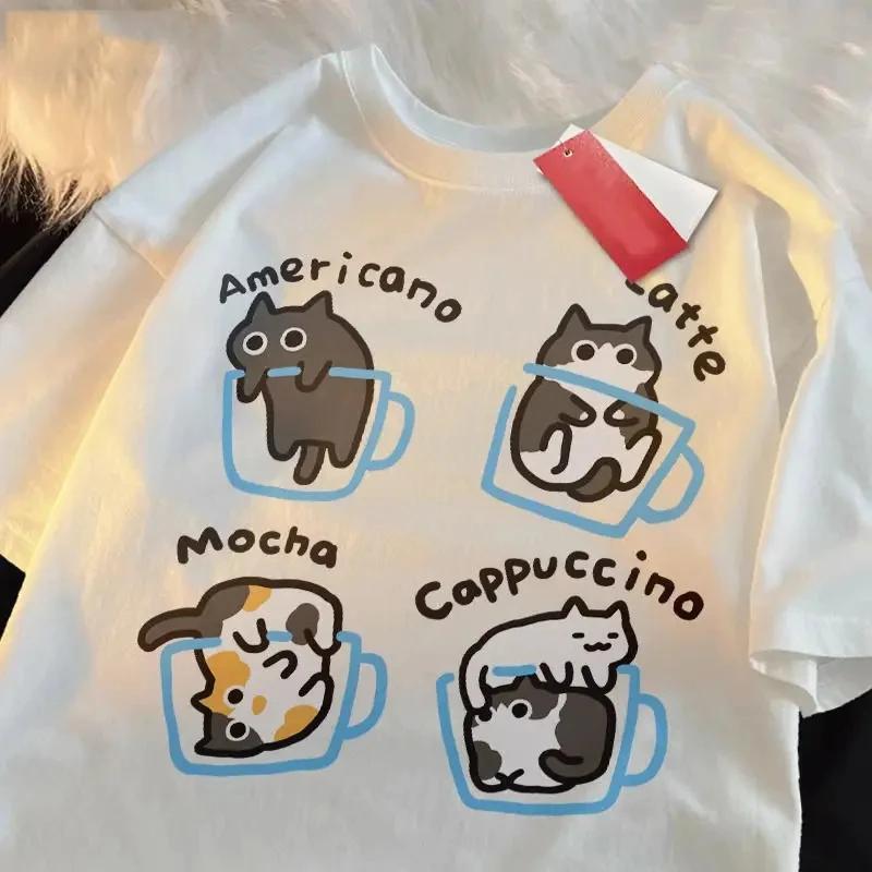 

New Cat Coffee Print cotton T-shirt for women s summer New loose fitting men s original Cat Couple Men s casual T-shirt S