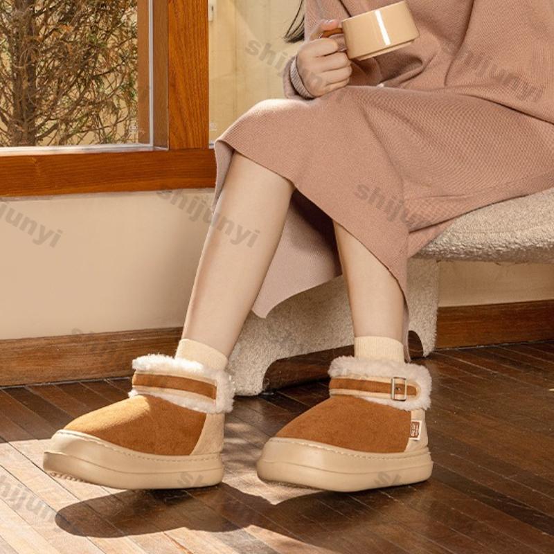 Fashion Women's Platform Cotton Boots 2025 Winter New Plush Fluffy Height Increase Snow Shoes Comfortable Fashion Buckle Strap Flats