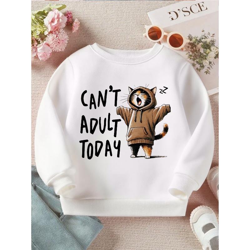 Kids Crewneck Sweatshirt, Cute Graphic of Girl and Lazy Cat in Hoodie, Soft Casual Long Sleeve Pullover 110 белый