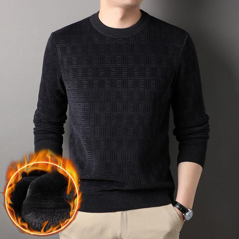 Fashion Business Plus Fleece Sweater Whisper England New Thicken Round Neck Men Thermal Knitted Solid Color Pullover Tops 2024