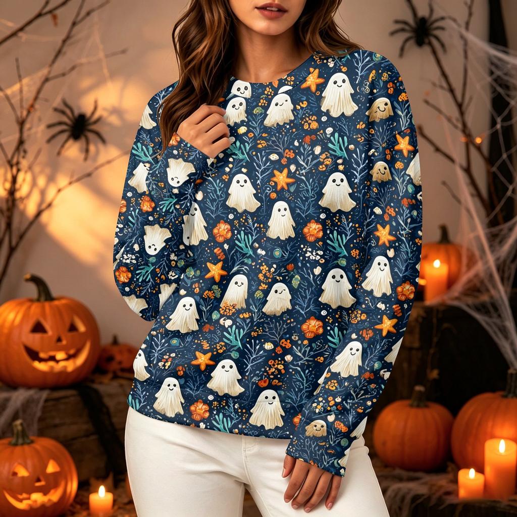 Women's Halloween Long Sleeve Sweatshirt with Pumpkin Print, Round Neck Pullover Top for Casual Daily Wear