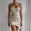 Damen trägerloses Bodycon Mini-Kleid aus PU-Leder ärmellos figurbetont geraffter Saum Clubwear Partykleid Abendkleid