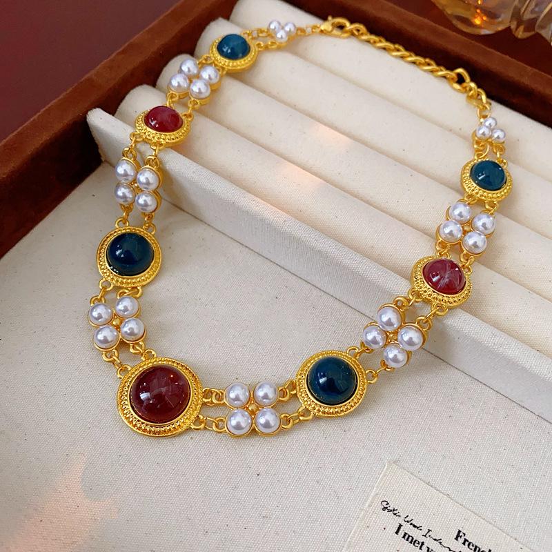 Pre-owned Vintage Retro Diamond-Encrusted Round Necklace & Clavicle Chain Set