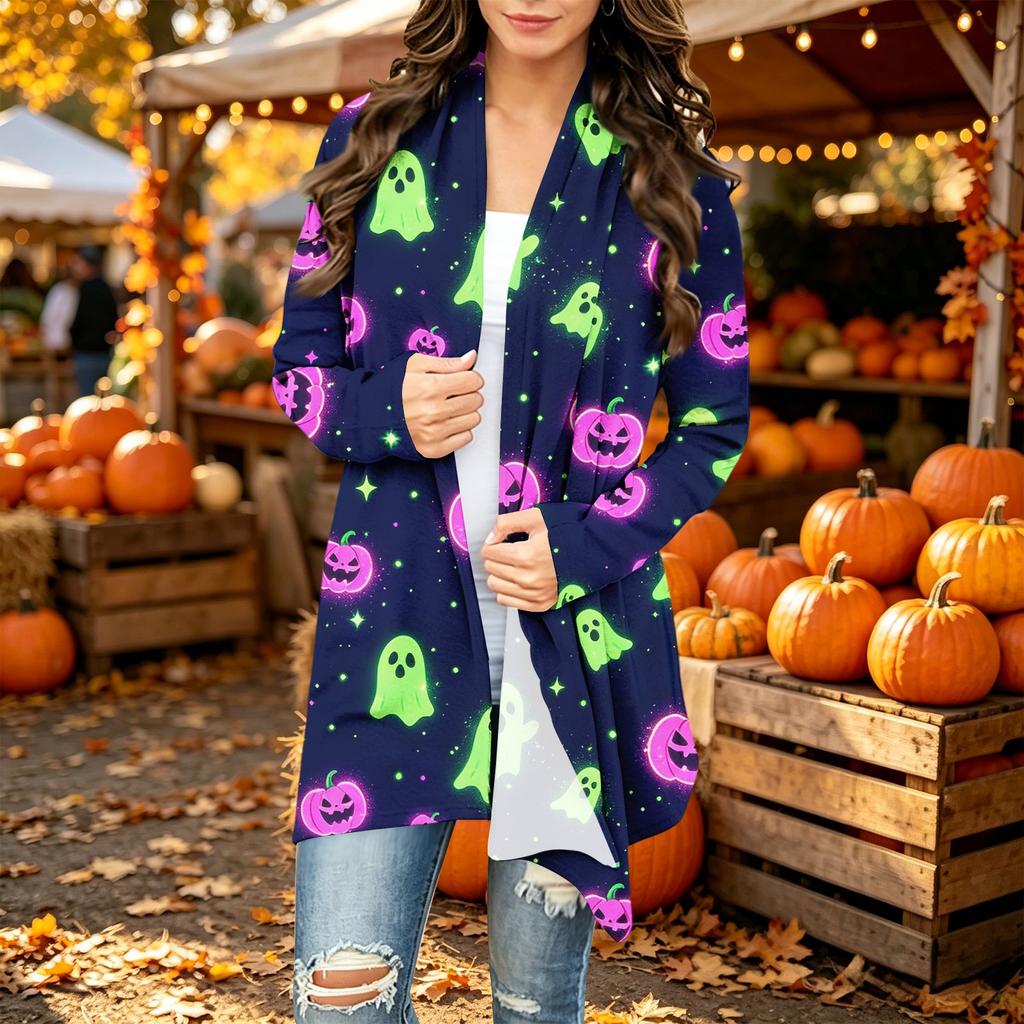 Damen Trendy Halloween-Print Langarm-Strickjacke Pullover für Lässige Herbstmode