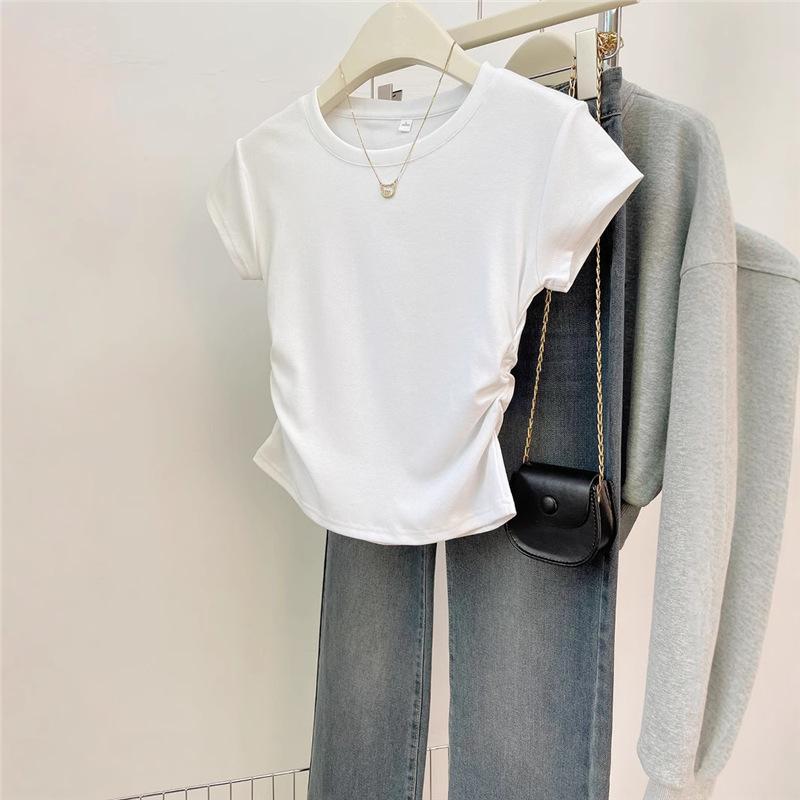 

Women s Solid Color Ruched Shoulder Short Sleeve T-Shirt with Irregular Waist XL