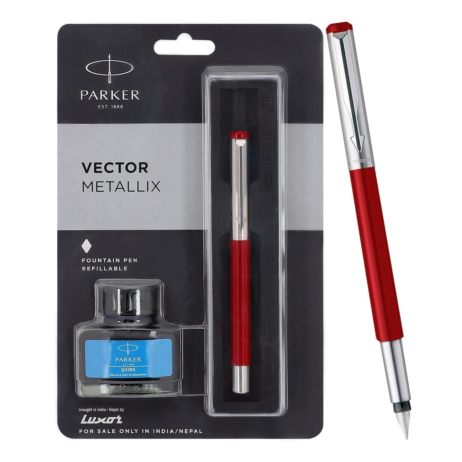 

@ Parker Vector Mettalix Fountain Pen With 1 Quink Ink Bottle 168Gm Zr-8032-60%Off
