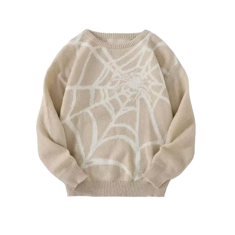 Fashion Men Autumn Winter New Style Round Neck Sweater American Retro Spider Web Pattern Jacquard Knitted Base Layer Top