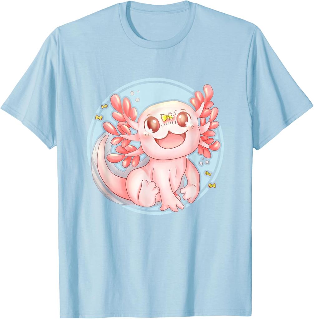 Kawaii Axolotl Cute Pink Amphibian Graphic Tee Soft Cotton Casual Crew Neck T-Shirt for Men